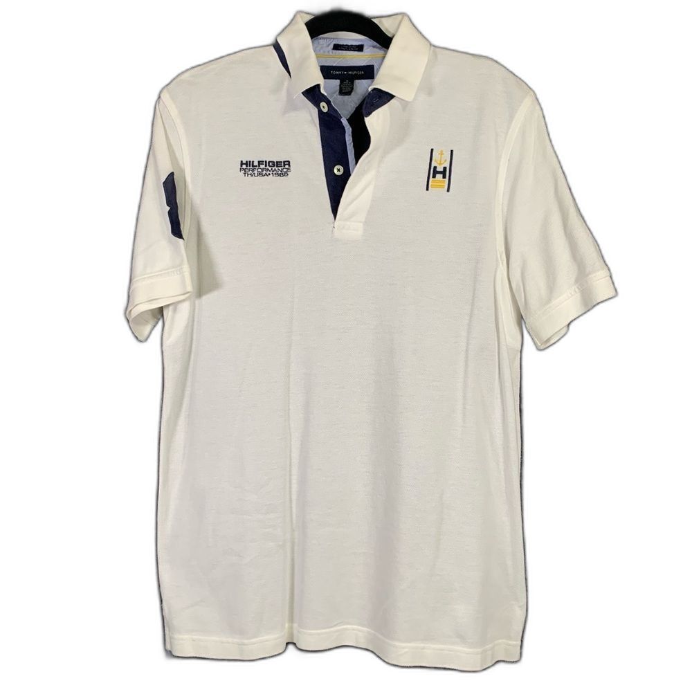 TOMMY HILFIGER Custom Fit 1985 Men's Polo Shirt White Front Blue Back Med #917